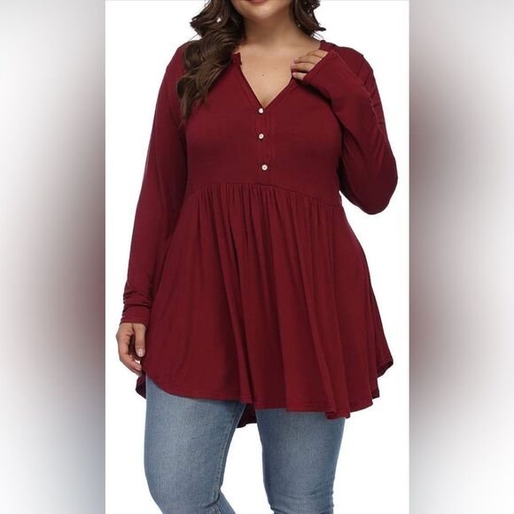 Women's Plus Size V Neck Button Tunic Tops Long Sleeve Flowy Shirt Wine Red 2X - Picture 1 of 10